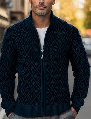  Pánské Kardigan Svetr na zip Tlustý Plést Standardní Zip Kapsy Geometrický Stojáček Úplet Elegantní Domů Práce Oblečení Biskup Jaro Podzim Černá Námořnická modř M L XL
