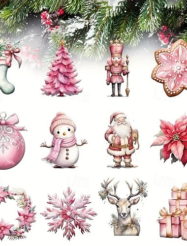  24 stk rosa julepynt i tre, moderne rosa hengende dekorasjoner med kjærlighetstema for juletrær, perfekt for hjemmeinnredning