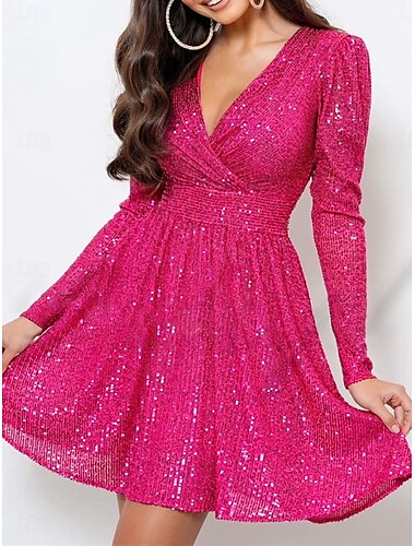  Damen Paillettenkleid Minikleid Pailletten Brautkleider schlicht V Ausschnitt Langarm Schwarz Weiß Fuchsie Farbe