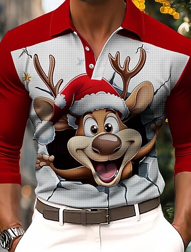  рождество мужское рождественское животное 3D поло rudolph шляпа повседневная смешная вафельная с длинным рукавом вечерняя повседневная одежда для отпуска весна осень зима пуговица 3D принт воротник