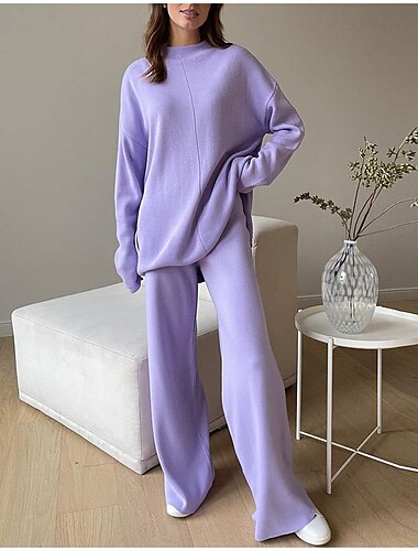  Damen Pullover-Koords Pullover-Set Brautkleider schlicht Weich Einfarbig Gerippt Rollkragen Strick Langarm Normale Oberteile Stricken Outdoor Täglich Wochenende Schwarz Purpur Herbst Winter