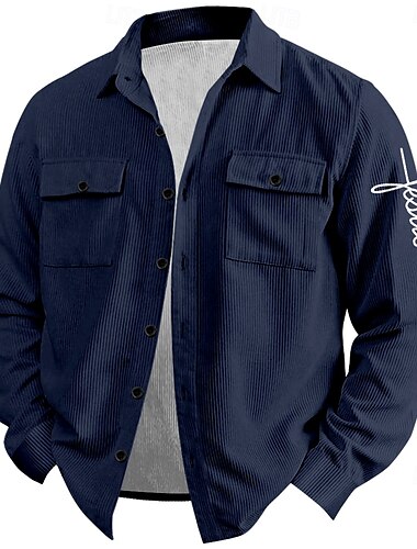  Herren Jesus Vertrauen Cord Hemd Hemdjacke Overshirt Langarm Vintage Modisch lässig Outdoor Alltagskleidung Festtage Herbst Winter Umlegekragen Hemden mit Kragen Knopf 3D-Druck 2 Taschen 1pc Schwarz