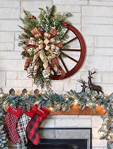  couronne d'hiver-roue de chariot de ferme roue de chariot rouge couronne de Noël couronne de ferme vintage conception décoration pour mur de porte d'entrée 40cm