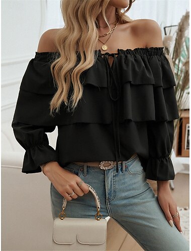  Damen Hemd Bluse Rüsche Rückenfrei Einfarbig Basic Lässig Langarm Schulterfrei Normale Oberteile Täglich Schwarz Weiß Herbst