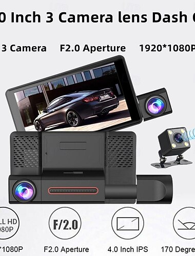  Cámara de tablero para automóvil HD, 3 cámaras, pantalla LCD retroiluminada de 4 pulgadas, rotación de 360 grados, ángulo amplio de 170 grados, visión nocturna, almacenamiento automático, DVR para automóvil de 1080p