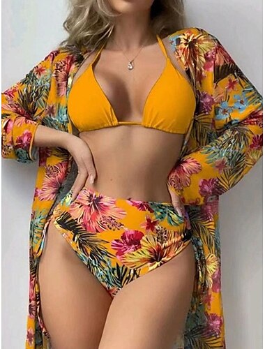  Damen Badeanzug Bikinis Drei Stück Unterhosen Bademode Rückenfrei Hohe Taillenlinie Schlank Urlaub Strandbekleidung Blumen Halfterhals Langarm Badeanzüge