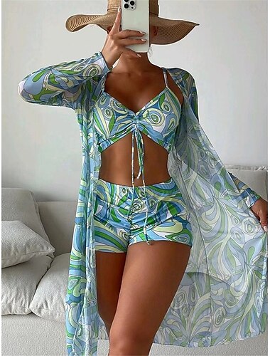 Damen Badeanzug Bikinis Drei Stück Junge Bein Bademode Rückenfrei Hohe Taillenlinie Schlank Urlaub Strandbekleidung Farbblock V Ausschnitt Langarm Badeanzüge