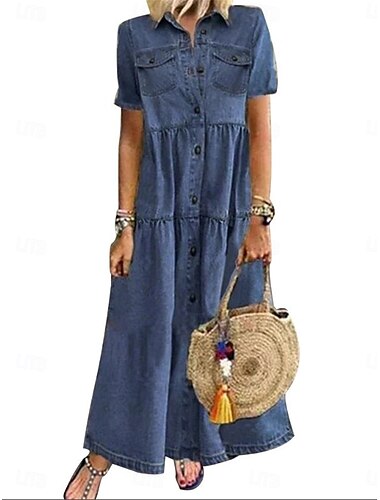  Damen Jeanskleider Maxidress Taste Tasche Brautkleider schlicht Hemdkragen Langarm Schwarz Blau Himmelblau Farbe