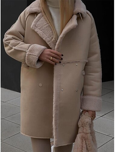  Damen Fleecejacke Teddy-Mantel warm halten Atmungsaktiv Tasche Innenfutter aus Fleece Brautkleider schlicht Glatt Urlaub Strasse Freizeitskleidung Ausgehen Einreihiger Verschluss Standard Umlegekragen