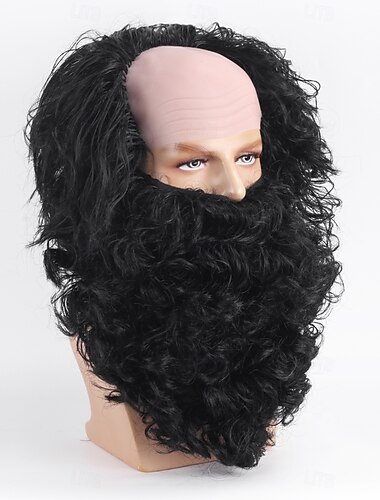  Parrucche sintetiche Riccio Con frangia A macchina Parrucca Corto Nero Capelli sintetici Per uomo Nero