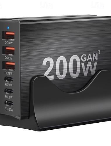  200w gan oplaadstation 6-poorts usb c lader snel opladen qc pd 3.0 type c snelle usb lader voor iphone 15 14 13 12 pro macbook
