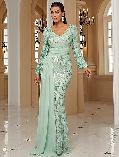  Etui-Abendkleid, elegantes Kleid, formell, bodenlang, lange Ärmel, V-Ausschnitt, Tasche, Chiffon mit Glitzerfalten 2025