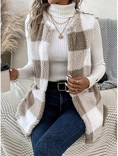  Per donna Gilet Esterno Strada Da tutti i giorni Autunno Inverno Standard Cappotto Standard Tenere al caldo Traspirante Moda Informale Giacca Senza maniche Righe e Plaid Con tasche Nero Cachi Grigio