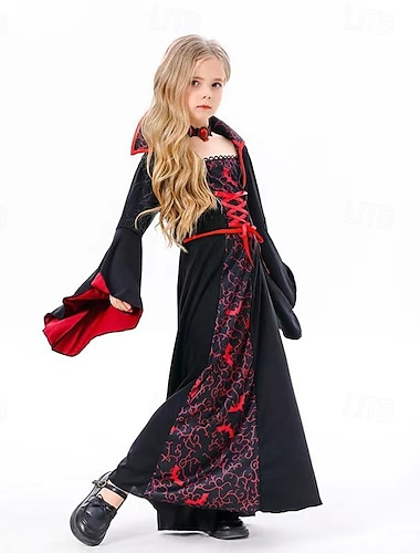  Gyerekek Lány Cosplay ruha Party ruha Színes Hosszú ujj Teljesítmény Halloween party Kollázs Gótikus gyönyörű Poliészter Maxi Party ruha Tavasz Ősz 4-12 év Bor