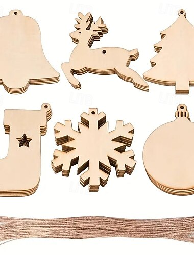  60 stuks diy houten kerstversieringen kerstboom hangend hout diy kunst knutselen 6-ontwerpen kerstboombellen rendieren kerstsokken sneeuwvlokken ronde houten kerstversieringen voor kerstmis