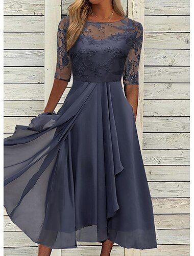  dames cocktail party jurk kanten jurk midi jurk groen blauw paars halve mouw bloemen borduurwerk kant herfst lente ronde hals elegante klassieke bruiloft gast 2023 s m l xl xxl 3xl