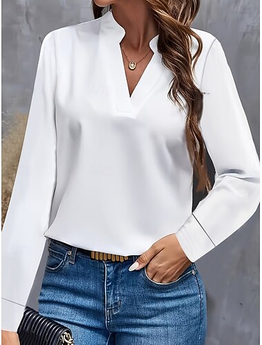  Per donna Camicia Blusa Tinta unica Giornaliero Moda Informale Manica lunga A V Top regolari Giornaliero Nero Bianco Blu Autunno Inverno