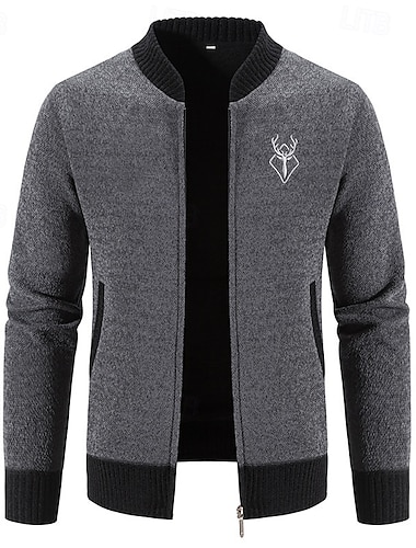  Herre Cardigan Sweater Beskåret trøje Sweater med lynlås Strik sweater Rillet Strikke Normal Patchwork Lomme Farveblok Høj krave Mode Klassisk Dagligdagstøj Stævnemøde Tøj Efterår vinter Sort Mørk