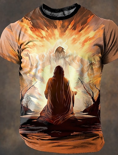  Julemanns Bibel Jesus T-skjorte Kortermet T-skjorte 3D-trykk Crew Neck Skjorte Retro Vintage Koseklær Street Style Jul Sport Utendørs Høytid Oransje Vår  Sommer Klær