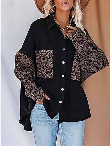  Damen Jeansjacke Outdoor Strasse Freizeitskleidung Herbst Winter Standard Mantel Regular Fit warm Atmungsaktiv Stilvoll Brautkleider schlicht Jacken Langarm Leopard Mit Taschen Bedruckt Schwarz Weiß