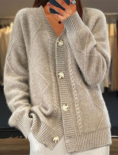  Damen Strickjacke Elegant Modisch Täglich Feste Farbe Gedrehtes V Ausschnitt Strick Langarm Lange Oberteile Stricken Arbeit Rosa Kamel Herbst Winter