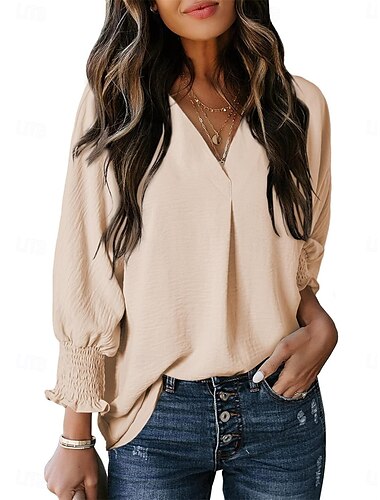  Femme Chemise Chemisier Couleur unie basique Décontractées manche longue Col V Hauts réguliers du quotidien Patchwork Boutons Rose Claire Bleu Beige Automne Hiver