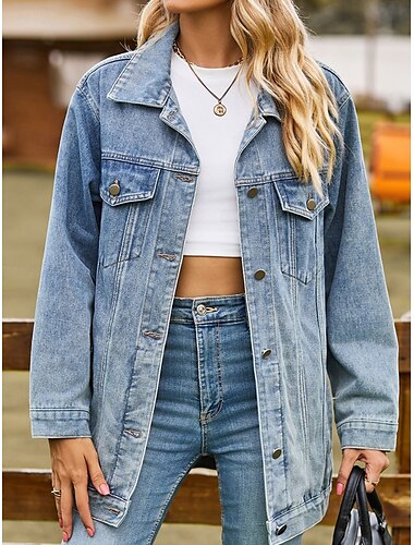  Damen Jeansjacke Outdoor Strasse Freizeitskleidung Herbst Winter Standard Mantel Regular Fit warm Atmungsaktiv Stilvoll Brautkleider schlicht Jacken Langarm Feste Farbe Mit Taschen Hellblau Schwarz