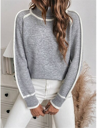  Femme Pull Chandail Pull Décontractées Flexible Couleur monochrome A côtes Col Roulé Tricoté manche longue Hauts réguliers Tricoter Extérieur du quotidien Fin de semaine Vert Véronèse Gris Automne