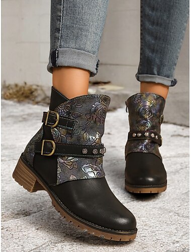  Damen-Stiefeletten mit Blumenprägung – Vintage-Schnallendesign, dicker Absatz und seitlicher Reißverschluss für den Freizeitlook