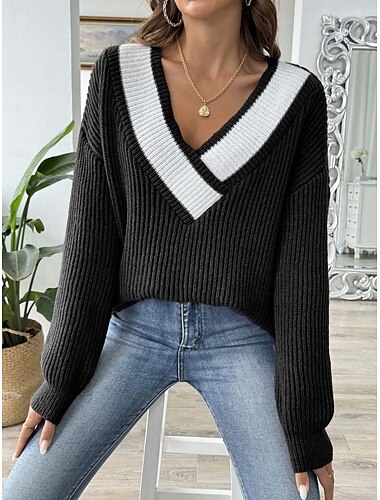  Damen Pullover Brautkleider schlicht Weich Einfarbig Gerippt V Ausschnitt Strick Langarm Normale Oberteile Stricken Outdoor Täglich Wochenende Schwarz Marineblau Herbst Winter