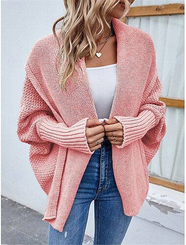  Damen Pullover Strickjacke Brautkleider schlicht Weich Einfarbig Gerippt Öffnung vorne Strick Fledermaus Ärmel Langarm Normale Oberteile Stricken Outdoor Täglich Wochenende Schwarz Rosa Herbst Winter