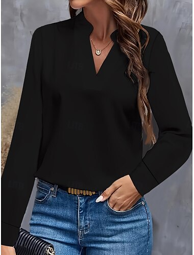  Damen Hemd Bluse Feste Farbe Täglich Stilvoll Brautkleider schlicht Langarm V Ausschnitt Normale Oberteile Täglich Schwarz Weiß Blau Herbst Winter