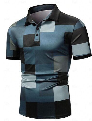  Herren Karomuster Golfshirt Kurzarm Polo-Shirts Hemden mit Kragen Lässig Urlaubskleidung Formelle Kleidung Festivalkleidung Knöpfe 3D-Druck Sommer Dunkel Braun Schwarz Blau