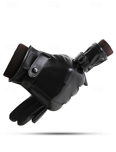  Winterhandschuhe aus Kunstleder für Herren mit Schnallenriemen – warm gefütterte Handschuhe für kaltes Wetter, Touchscreen-kompatibel