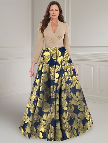  Gold Floral A-Linien Brokat Vintage Mutter der Braut Kleid Elegant V-Ausschnitt Bodenlänge Stretchstoff Langarm mit geraffter Blume Hochzeitsgastkleid 2025