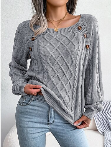 Damen Pullover Brautkleider schlicht Weich Einfarbig Gerippt Quadratischer Ausschnitt Knopf Strick Langarm Normale Oberteile Stricken Outdoor Täglich Wochenende Weiß Khaki Herbst Winter