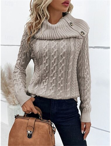  Femme Pull Chandail Pull Décontractées Flexible Couleur monochrome A côtes Col Roulé Boutons Tricoté manche longue Hauts réguliers Tricoter Extérieur du quotidien Fin de semaine Vin Kaki Automne Hiver