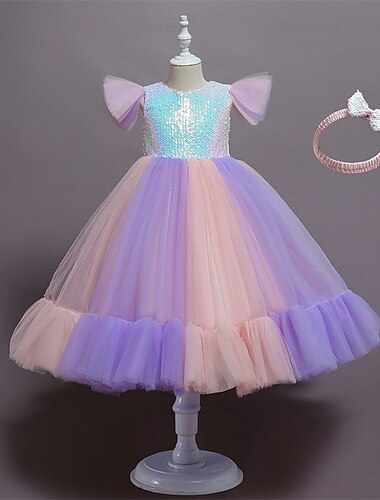  kinderkleidung Mädchen Cosplay-Kleid Party Kleid Pailletten Farbblock Ärmellos Leistung Weihnachten Gitter Rückenfrei Patchwork Schön Süß Polyester Maxi abendkleider Schaukelkleid Tüll-Kleid Winter