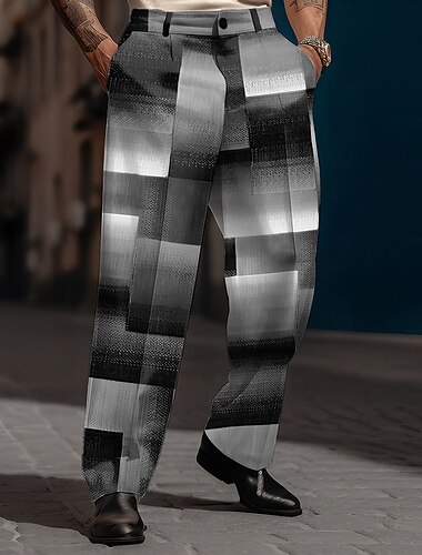  Hombre Geométrico Plaid Bloque de color pantalones de traje Media cintura Informal de negocios Formal Calle Uso Diario Cremallera Bolsillo Pantalones rectos Verano Primavera Otoño Impresión 3D Negro