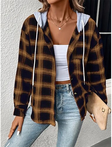  Damen Freizeitjacke Outdoor Strasse Freizeitskleidung Herbst Winter Standard Mantel Regular Fit warm Atmungsaktiv Stilvoll Brautkleider schlicht Jacken Langarm Streifen und Plaid Mit Taschen Bedruckt