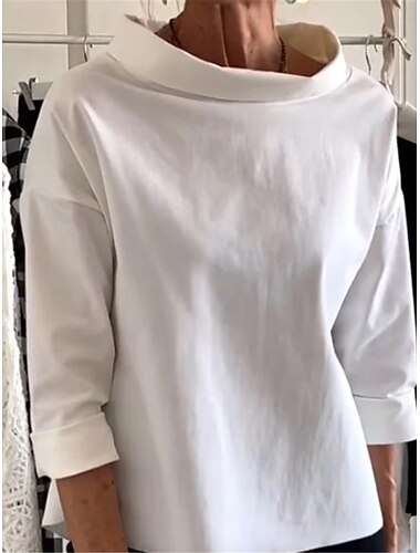  Women's Shirt Linen-Inspired Shirts Blouse Solid Color Basic Casual 3/4 Length Sleeve Turtleneck Regular Tops Daily Wine Camel Khaki Fall