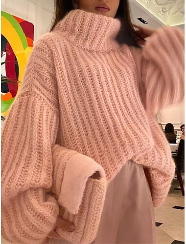  Femme Pull Chandail Pull Décontractées Flexible Couleur monochrome Grosse maille Col Roulé Tricoté manche longue Hauts réguliers Tricoter Extérieur du quotidien Fin de semaine Rose Claire Bleu