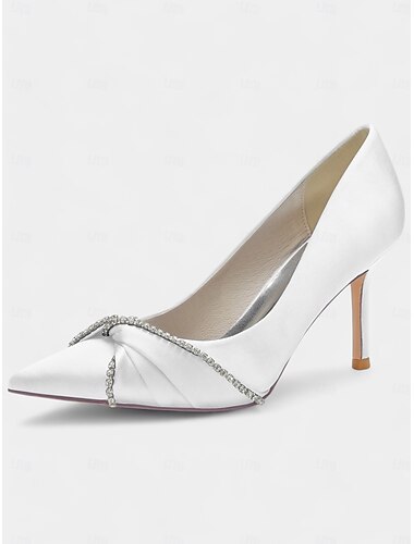  Damen-Pumps aus Satin mit spitzer Spitze und Strassbesatz – klassische, formelle Pumps für den Abend und besondere Anlässe