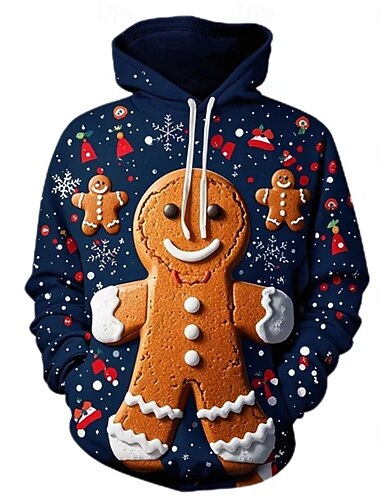  Navidad Hombre de pan de jengibre Sudadera Sudadera con capucha navideña divertida 3D Navidad Bolsillo delantero Gracioso Para Pareja Hombre Mujer Adulto Navidad Carnaval Impresión 3D Fiesta Casual