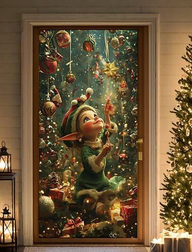  decorațiuni pentru uși de Crăciun huse de ușă elf de Crăciun tapiserie pentru ușă perdea de ușă decorare fundal banner de ușă de interior/exterior pentru ușa de intrare fermă