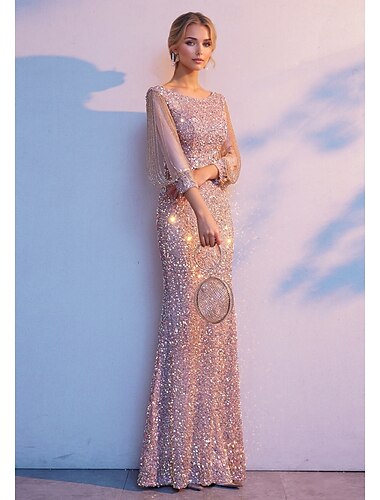  Abendkleid im Meerjungfrauen-Stil, elegantes Kleid für formelle Hochzeiten, bodenlang, 3/4-Ärmel, Rundhalsausschnitt, mit Pailletten und Glitzerquaste, 2025