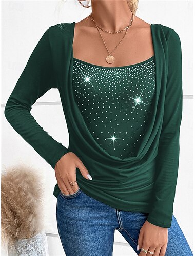  Damen Hemd Bluse Feste Farbe Basic Brautkleider schlicht Langarm Rundhalsausschnitt Normale Oberteile Täglich Patchwork Schwarz Wein Grün Herbst Winter