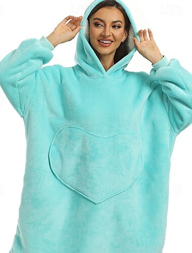  Sudadera con capucha y manta para llevar puesta para adultos, sudadera con capucha de sherpa gruesa y acogedora de gran tamaño como regalo para mujeres y hombres, color verde azulado