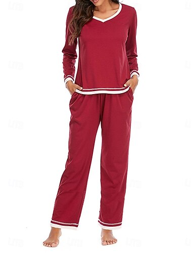  pyjamasset för kvinnor ren färg avslappnad komfort hem daglig bomull komfort varm rund hals långärmad t-shirt byxa resår midja höst vinter hem outfits