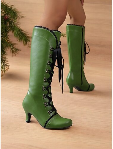  stivali da donna con lacci in stile vittoriano verde - stivali retrò in pelle a metà polpaccio con rifiniture in pizzo nero e tacco a gattino, perfetti per cosplay, feste e abiti in stile vintage
